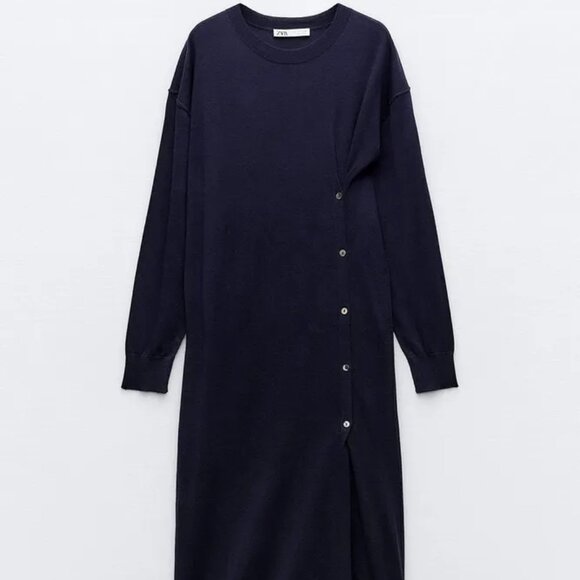 Zara Navy Blue Midi Knit Dress With Side Buttons Size S NWT - Picture 6 of 8